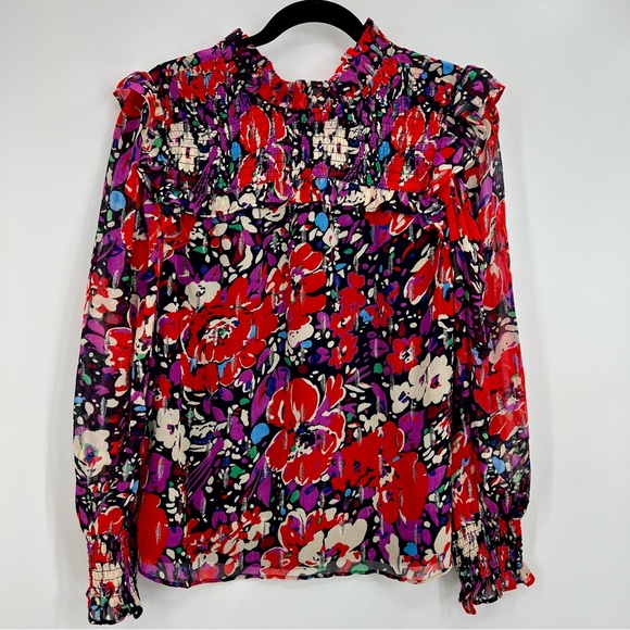 J.Crew Smocked Popover Top Lurex Dot Floral Blouse Top Ruffle Metallic S - Picture 4 of 11